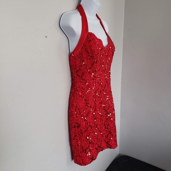 Bari-Jay Vintage Women's Red Sequin Halter Top Mini Dress Scallop Formal Fancy - Picture 9 of 14